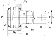 螺栓型滾輪 PWKRE52-2RS, 軸向引導(dǎo)，滿裝圓柱滾子，帶偏心擋圈，兩側(cè)唇密封