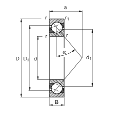 角接觸球軸承 7202-B-JP, 根據 DIN 628-1 標準的主要尺寸，接觸角 α = 40°