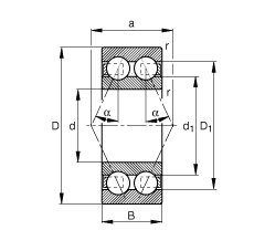 角接觸球軸承 3811-B-TVH, 雙列，接觸角 α = 25°