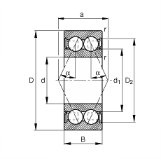 角接觸球軸承 3811-B-2RSR-TVH, 雙列，雙側(cè)唇密封，接觸角 α = 25°