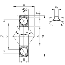 四點接觸球軸承 QJ228-N2-MPA, 根據(jù) DIN 628-4 的主要尺寸， 可以拆卸，剖分內圈，帶兩個止動槽